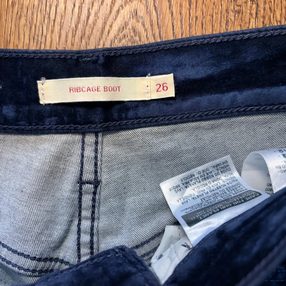 Levis Ribcage Bootcut Navy Blue Velour High Rise Flare Pants Womens 26x30 Boho - Picture 3 of 14